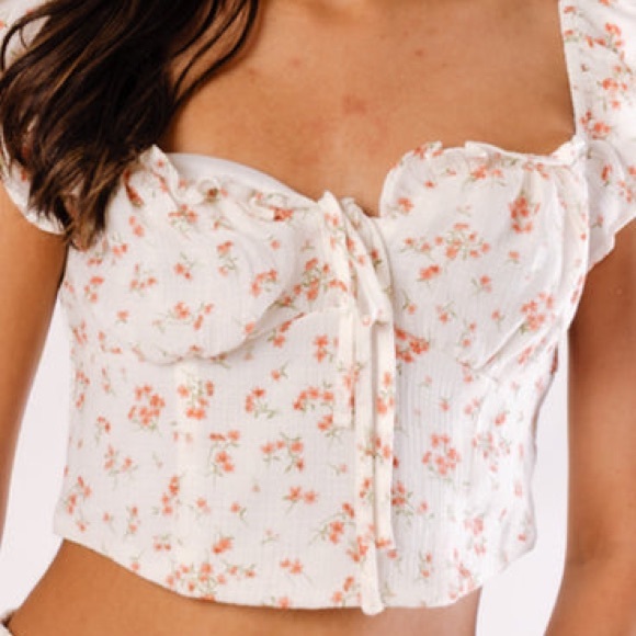 🟤NWT BLU PEPPER Floral Ruffle Crop Top in White LARGE - Picture 5 of 5